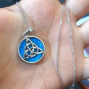 Blue Opal Triquetra Sterling Silver Necklace